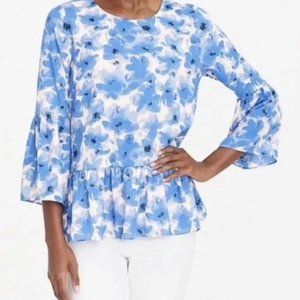 J Crew Peplum Bell Sleeve Sheer Floral Blouse Size L